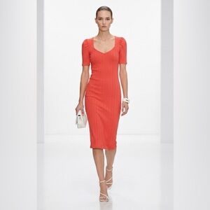 Nine West Women's Ribbed Dress Sz M Burnt Orange‎ Body Con Midi Puff Sleeves